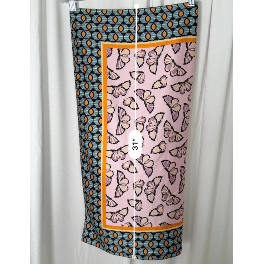Zara Butterfly Geometric Print Square Scarf Pink Blue Orange Silk Feel 115-32